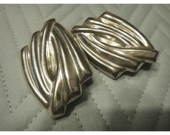 Earrings Sterling 925 Silver Modernist Large Rectangle Wavy Ridge Clip On Vtg