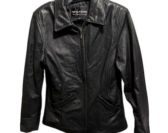 Wilsons Vtg 80's Black Leather Zip Front Jacket Sz M Fitted Pockets Lined Retro