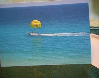 Blank Greeting Card ... all occasion note card, blue ocean scene, yellow Happy Face, sailing ... #18