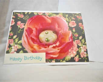 Peachy Floral ... 3D Happy Birthday card, silk flower photo, Birthday greeting on front, greeting inside, OOAK handmade ...  #120