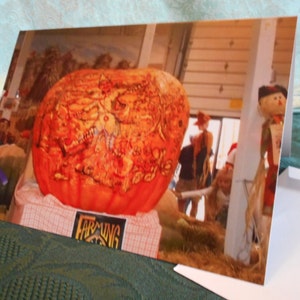 Blank Greeting card ... Autumn note card, Fall greeting, orange pumpkin, scarecrow scene ... #30
