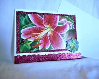 Happy Birthday ... greeting card, Happy Birthday inside, stargazer lily photo, hot pink glitter paper, OOAK handmade ... #111