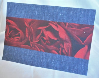 Blue Jeans and Roses ... blank notecard, all occasion card, red roses, denim paper card, folded card ... #256