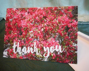 Thank You card ... large or small size, blank note cards, pink floral, crab apple tree scene ... #26, #92