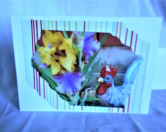 Rooster Garden ... blank notecard, all occasion, photo card, yellow and purple iris, rooster decor ... #237