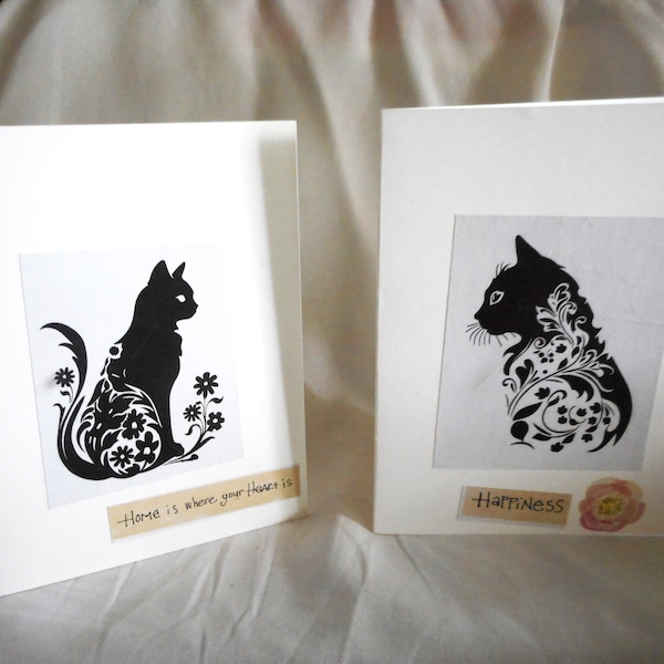 Floral Cats ... small notecrds, blank inside, all occasion, sillhouettes, cat portraits ... #446