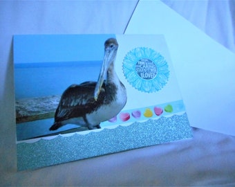 Playful Pelican ... blank greeting card, flower tag with message, candy hearts washi tape, minty green glitter paper, OOAK handmade ... #107
