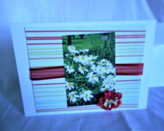 White Flower photo ... blank notecard, all occasion card, red 3D flower, red ribbon, striped paper ... #230