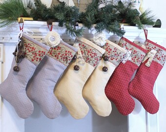 Christmas Stocking - build your own set, 17" lined canvas stockings, red, grey, golden, upscale rustic minimalist decor, customizable