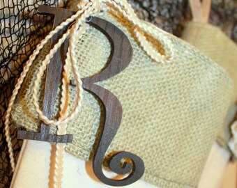 wood stocking customizer initial 4" or 6" curlz font wooden letter, dark brown with woven trim bow, shabby chic ornament, nametag, customize