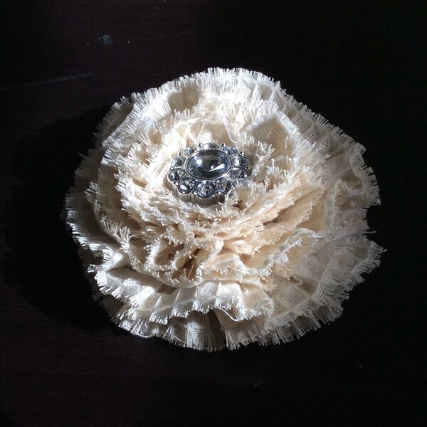 Stocking customizer or brooch - shabby chic frayed ruffle flower with rhinestone button center