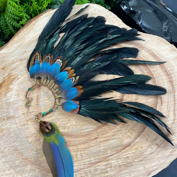 Matlalihuitl “blue-green feather” handcrafted Aztec/Mexica feather brass ear cuff- ethically sourced