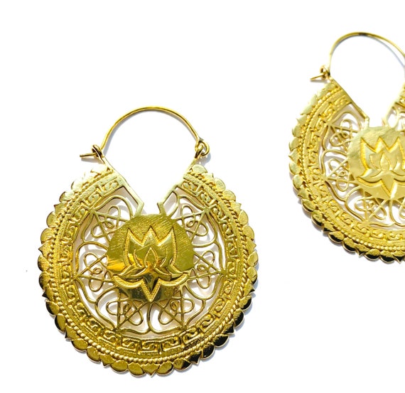 GOLD Tone Brass LOTUS Flower Sacred Earrings Gold Hoops Earrings Indian Middle Eastern Carved Metalwork Artisan Cutout Details