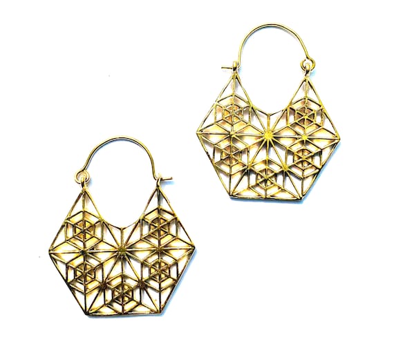 GOLD Tone Brass Geometric Cutout Earrings Artisan Triangles Shapes Unique Indian Earrings