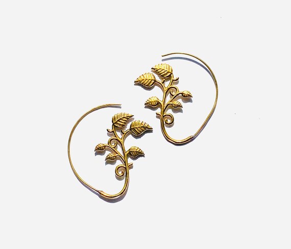 GOLD Tone Brass LEAF Vine Earrings Over Ear Pierced or not Pierced Artisan Metal Earrings