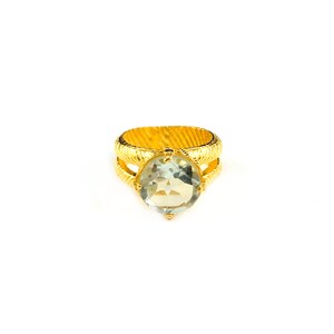 GOLD Tone Brass Ring Green AMETHYST Gemstone Cocktail Statement Holiday Ring Split Shank Double Band Etched Design Size  8