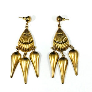 Vintage Brass Metal Tribal Chandelier Earrings Gold Color Ethnic Art Boho Chic Unique