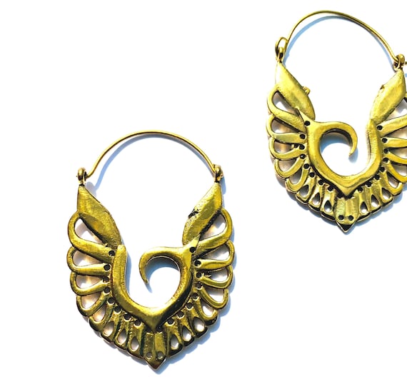 GOLD Tone Brass Earrings Abstract WING Artisan Design Indian Boho Hippie Unique Metal