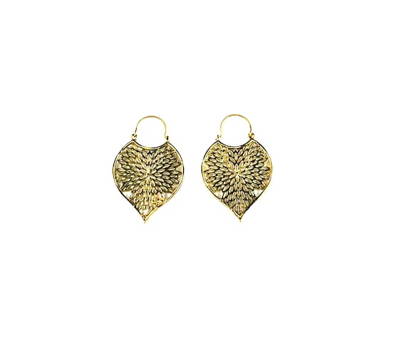 CUTOUT Leaf Gold Brass TEARDROP Tear Drop Earrings Indian Middle Eastern Artisan Earrings Metal Artisan Jewelry