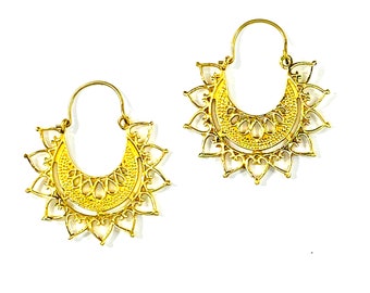 GOLD Tone Brass Metal Hoop Hoops Earrings Intricate ARTISAN Cutout Design Indian Middle Eastern Jewelry