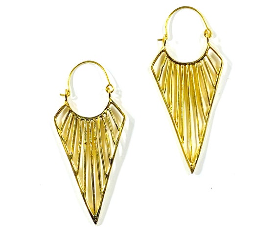 GOLD Tone Brass SPIKE Cutout LARGE Modern Drop Geometric Statement Earrings