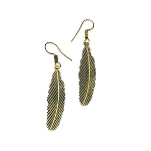 Gold Tone Color Etched Brass Metal Tribal Leaf Dangle Hook Earrings Boho Bohemian Chic Nature Design Jewelry