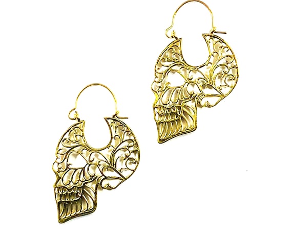 GOLD Tone Brass Filigree Cutout SKULL Earrings Artisan Goth Unique Metalwork Jewelry