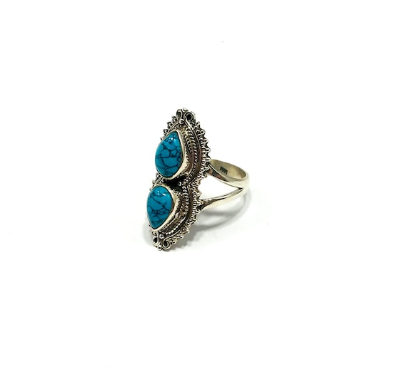 Artisan Turquoise Silver Double Stone Chunky Boho Hippie Gypsy Tribal Festival Statement Ring Size 6