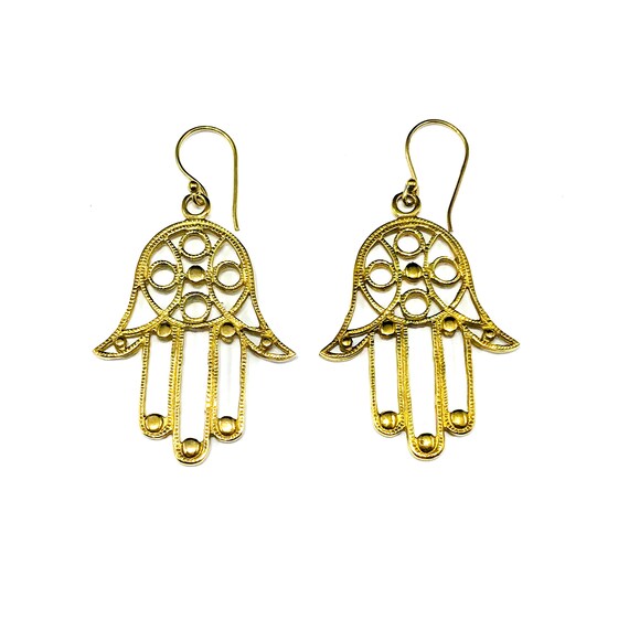 GOLD Tone Brass Metal HAMSA Mystical Spiritual Dangle Drop Earrings Jewelry Middle Eastern North African Style Design Artisan Tribal