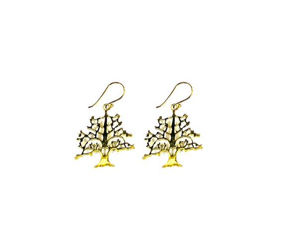 TREE of LIFE earrings GOLD Tone Brass Metal Indian Middle Eastern Mythical Artisan Metal Jewelry Earring Pierced