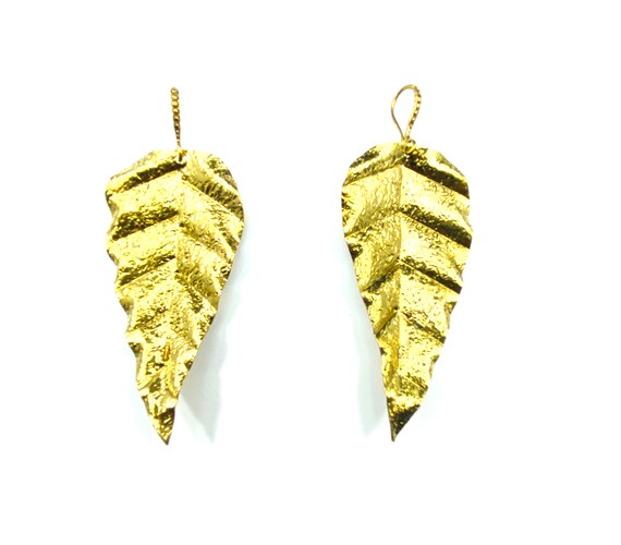 GOLD Tone Hammered Brass EARRINGS Nature Trees Leaves Leaf Detailed Artisan Indian
