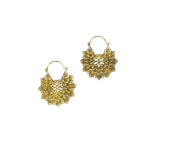 INTRICATE Flower Metal CUTOUT Design Earrings GOLD Tone Brass Indian Middle Eastern Artisan Boho Bohemian Chic Jewelry Metal