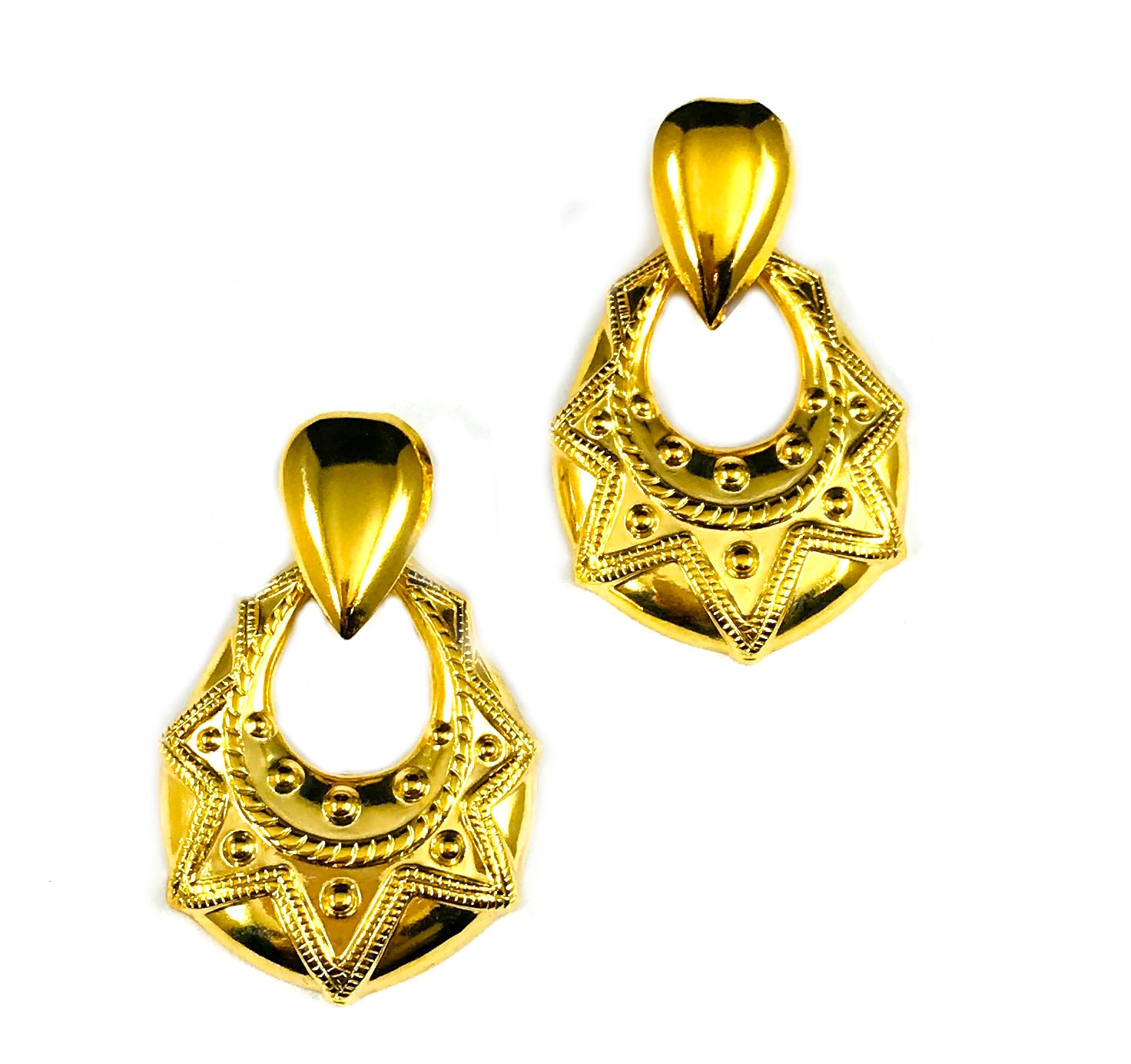 Vintage Gold Tone Geometric Mini Doorknocker Door Knocker Hoop Hoops Earrings Designs Tribal 80 S 90 S Hip Hop Jewelry Pierced