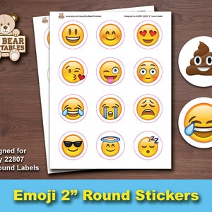 Emoji Labels, Emoticons, Printable, DIY, Social Media Labels, Face Stickers, 2 Inch Round, Avery 22807, Birthday Favors, Digital, Gift Tags