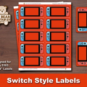 May include: Printable labels designed for Avery 5163, 2" x 4" labels. The labels feature a red background with a blue and red Nintendo Switch design. The labels are blank and ready to be customized.