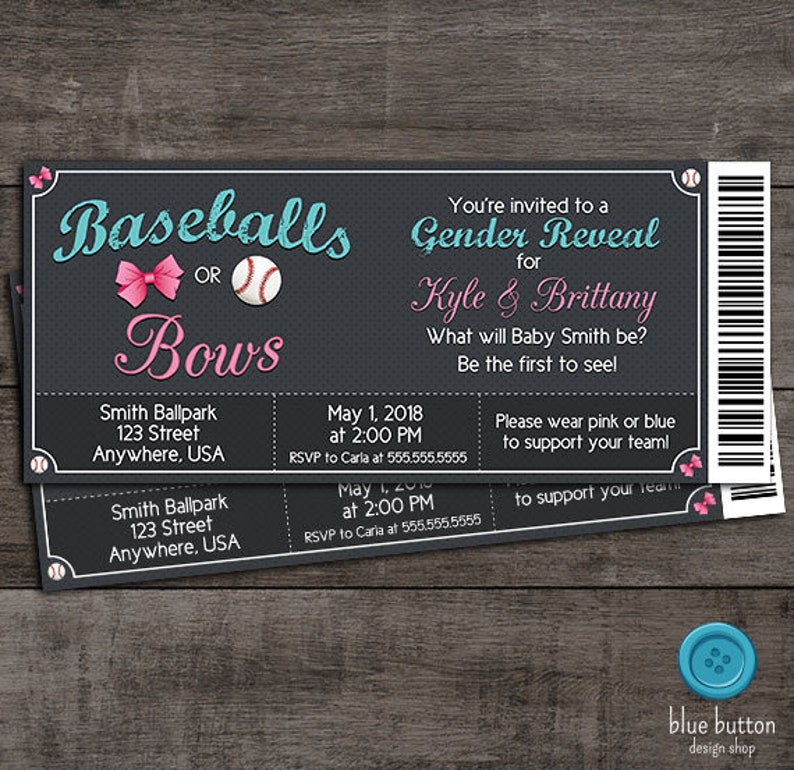 Baseballs or Bows Ticket Style Gender Reveal Invitation Etsy