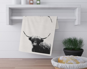 Paño de cocina de vaca de las Tierras Altas de Escocia, toalla de cocina en blanco y negro, decoración de granja, regalo rústico para el hogar, regalo para amantes de las vacas