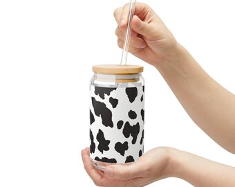 Vaso con estampado de vaca, tapa de bambú y pajita de tritán