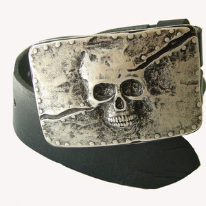 Real leather belt with an elaborate skull clasp with a skull biker motif