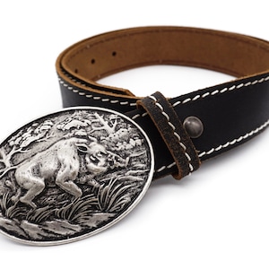 Traditional hunting belt - genuine leather - men's wild boar motif