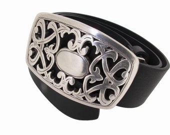 Buffalo leather belt with genuine silver-plated solid ornamental buckle