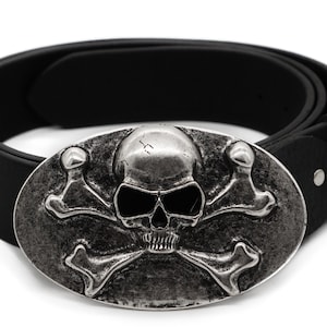 Real leather belt with elaborate skull buckle Skull motif Biker