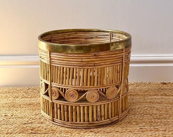 Italian 1970s Pencil Reed and Brass Basket