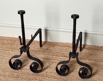Pair of French Mid-century Wrought Iron Scroll Fire Dogs/Andirons