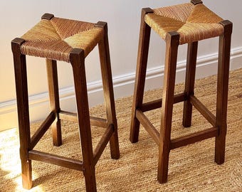 Pair of French Oak Rush Bar Stools