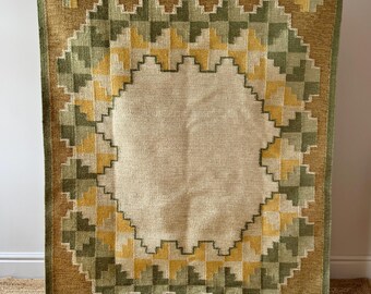 Swedish Wool Röllakan Flatweave Rug with Stepped Medallion