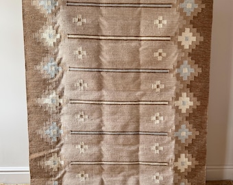 Swedish Flatweave Röllakan Wool Rug with Stepped Geometric Frame