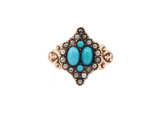 Antique Victorian Turquoise + Seed Pearl Ring - image 1