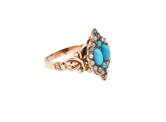 Antique Victorian Turquoise + Seed Pearl Ring - image 2