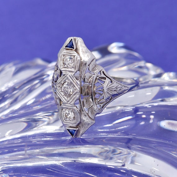 Art Deco White Gold Diamond & Sapphire Dinner Rin… - image 1